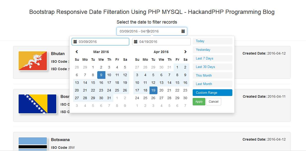 Bootstrap Date range Filtration with PHP Ajax Mysql