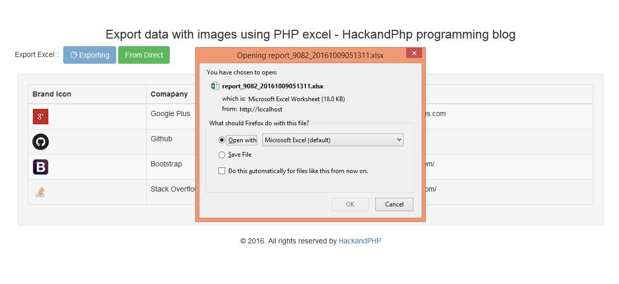 Export data using phpexcel